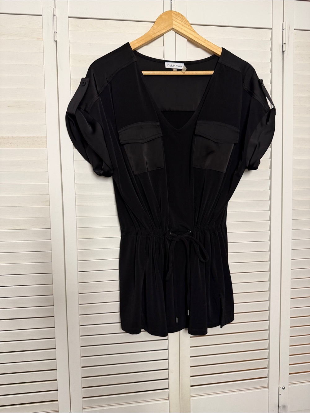 Calvin Klein Black Drawstring V-Neck Top